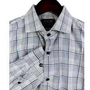 Nordstrom Mens Shop Tech Smart Trim Fit Plaid Dress Shirt Blue White Size 15 1/2